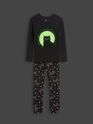 Gap Bebek Siyah Glow-In-The-Dark Halloween Cat Pijama Takımı