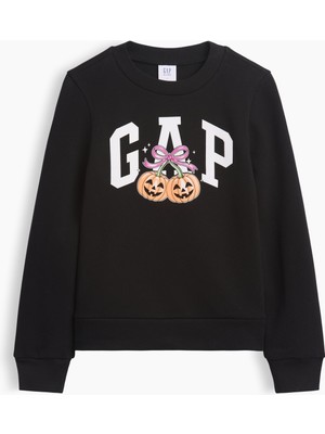 Gap Kız Çocuk Siyah Bisiklet Yaka Grafik Baskılı Sweatshirt