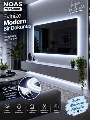 2 Metre Tak Çalıştır 6500K Beyaz Neon LED 220V IP65 MONTAJ APARATI DAHİL  Esnek Hortum LED 8X16 mm Iç Dış Mekan Dekoratif Aydınlatma Noas YL42-0001 2 Metre