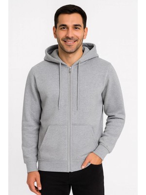 Pileli Store Üç Iplik Kapüşonlu Tam Fermuarlı Kanguru Çepli Sweatshirt Hoodie - Gri -