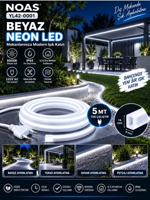 Tak Çalıştır 5 Metre Esnek Noas 6500K Beyaz Neon LED MONTAJ APARATI DAHİL   220V Tak Çalıştır IP65 Esnek Hortum LED 8X16 mm Iç Dış Mekan Dekoratif Aydınlatma YL42-0001