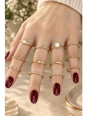 Trenddora  12 Li Vintage Baget Taşlı Kombin Yüzük ve Eklem Yüzük Seti Gold
