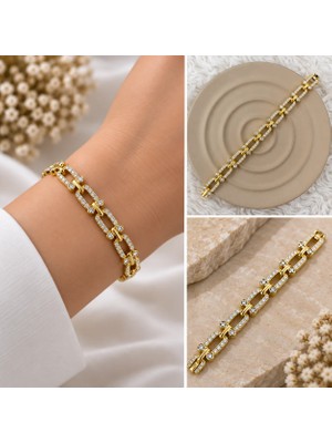 Fm 💎 Premium Parlak ve Şık Taş Detaylı Gold Renk 316L Çelik Kadın Bileklik (20cm)