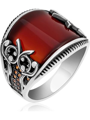 Mirari Jewelry Kırmızı Akik Taşlı Klasik Erkek Yüzük | Premium 0,40 Mikron Gümüş Kaplama