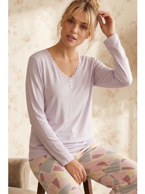 Siyah İnci Lila Desenli V Yaka Düğmeli Danttelli Viskon Örme Pijama Takım 26224634