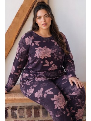 Siyah İnci Mor Büyük Beden Battal Boy Viskon Örme Pijama Takım 26224865