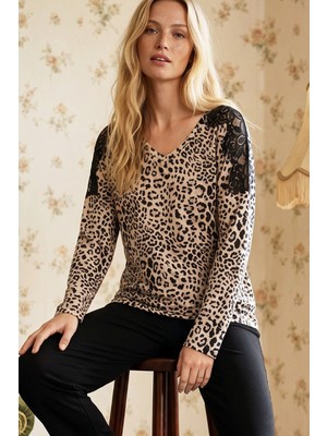 Siyah İnci Leopar Desenli Dantelli Viskon Örme Pijama Takım 26224641