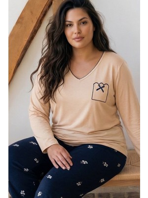 Siyah İnci Ten Rengi Desenli Nakışlı Büyük Beden Battal Boy Viskon Örme Pijama Takım 26224829
