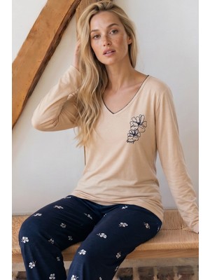 Siyah İnci Ten Rengi Desenli V Yaka Nakışlı Viskon Örme Pijama Takım 26224648