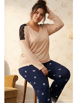 Siyah İnci Ten Rengi Büyük Beden Battal Boy Viskon Örme Pijama Takım 26224846