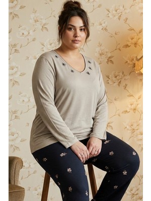 Siyah İnci Bej Desenli Nakışlı Büyük Beden Battal Boy Viskon Örme Pijama Takım 26224835