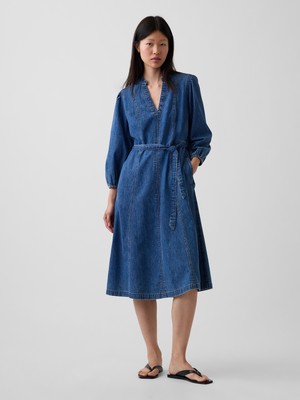 Gap Kadın Mavi Denim Kemerli Midi Elbise