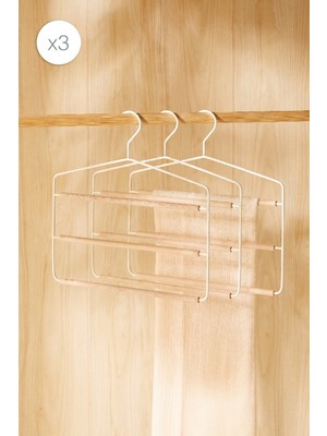 Ocean Home Textile 3'lü 3 Katlı Ahşap Destekli Mat Beyaz Renk Metal Giysi Askısı 32 x 36.5 x 0.47 cm