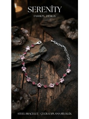 Serenity Pembe Beyaz Zirkon Taşlı Kalp Çelik Kaplama Bileklik