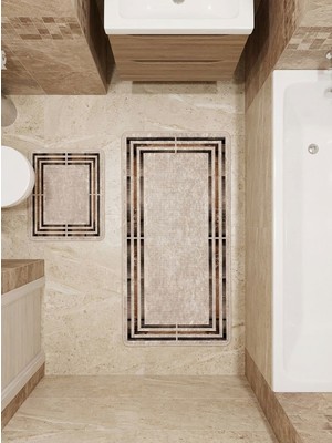 Brillant Bej Renk Çizgi Desenli 2 Li  Deri Taban  Banyo Paspas (60X100 - 60X50)