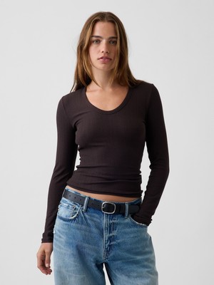 Gap Kadın Koyu Kahverengi Çizgili Fitilli T-Shirt