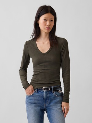 Gap Kadın Haki Çizgili Fitilli T-Shirt