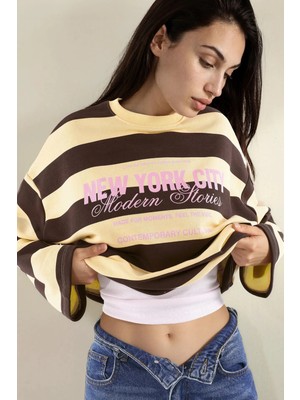 Hiccup Kadınlar %100 Pamuk Oversize Çizgili Sweatshirt Kahverengi
