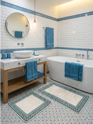 Brillant Mint Yeşil - Zigzag Desenli Deri Taban 2 Li Banyo Paspas (60X100 - 60X50)