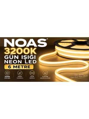 Noas Tak Çalıştır 6 Metre Ultra Esnek ve Parlak  6 Metre 3200K GÜN IŞIĞI MONTAJ APARATI DAHİL Neon LED 220V Tak Çalıştır IP65 Esnek Hortum LED 8X16 mm Iç Dış Mekan Dekoratif Aydınlatma
