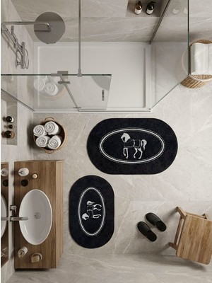 Brillant Siyah At Desen Horse Desenli 2'li Deri Taban Banyo Paspas (60X100 - 60X50)