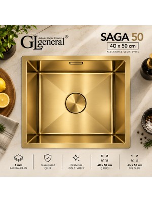 GL General General Saga 50 Gold Paslanmaz Çelik Eviye 40X50 cm Tek Gözlü 1 mm Derin Hazneli Mutfak Evyesi + Sifon