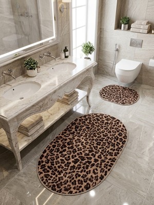 Brillant Leopar Desenli Lateks Taban 2'li Banyo Paspası (70X110-70X50) - Kahverengi