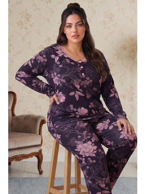 Siyah İnci Mor Desenli Düğmeli Büyük Beden Battal Boy Viskon Örme Pijama Takım 26224864