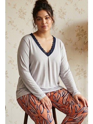 Siyah İnci Gri Desenli Büyük Beden Battal Boy Viskon Örme Pijama Takım 26224821
