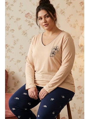 Siyah İnci Desenli Nakışlı Büyük Beden Battal Boy Viskon Örme Pijama Takım 26224834