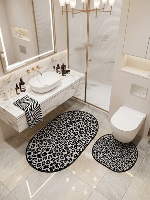 Brillant Leopar Desenli Lateks Taban 2'li Banyo Paspası (70X110-70X50) - Siyah