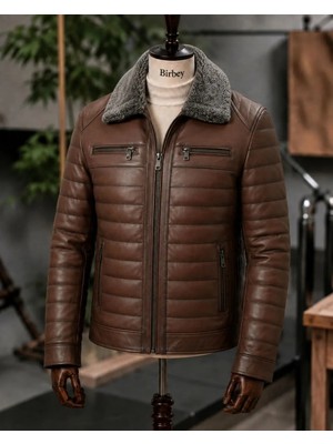 Moda Erkek Kahverengi Yakası Kürklü Fermuarlı Içi Astarlı Hakiki Deri Mont Ceket