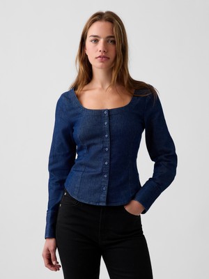 Gap Kadın Koyu Mavi Denim Scoop Neck Gömlek