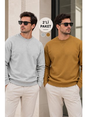 Polo State Erkek 2’li Paket Bisiklet Yaka Basic Günlük Sweatshirt - Gri Melanj & Kahve