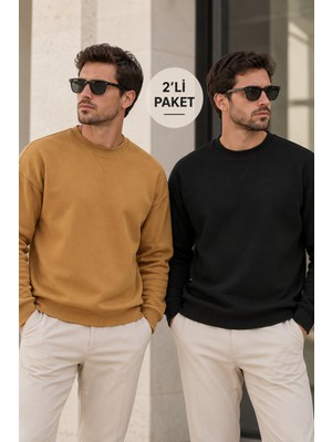 Polo State Erkek 2’li Paket Bisiklet Yaka Basic Günlük Sweatshirt - Kahve & Siyah