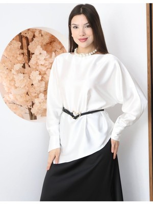Moda Banuş Beyaz Asimetrik Saten Uzun Kol Gömlek (Kemer Hediyeli)