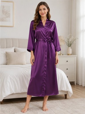 Hace Bazaar Mor Uzun Saten Sabahlık Zarif Kadın Ev Giyim -Hcb