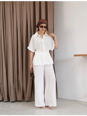 Moda Banuş Pera Keten Bel Pile Detay Gömlek Pantolon-Geniş Kalıp