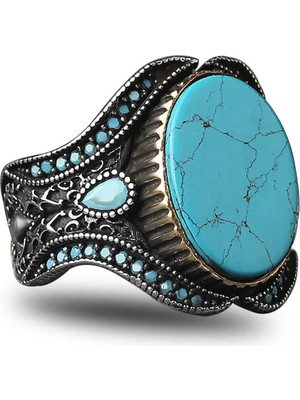 Mirari Jewelry Firuze Taşlı Oval Form Altın Ton Çerçeve Detaylı Motifli Erkek Yüzük | Premium 0,40 Mikron Gümüş Kaplama