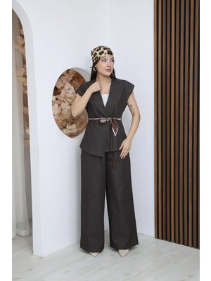 Moda Banuş Kahverengi Saten Kemerli Likralı Kot Yelek Pantolon Takımı - Geniş Kalıp