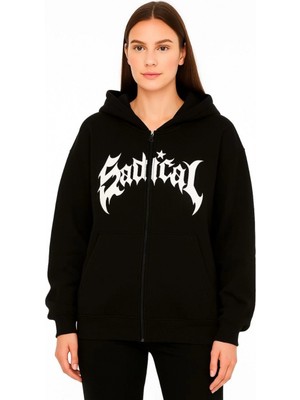 Pileli Store Oversize Kapüşonlu Sweatshirt  Hoodie 3 Iplik Şardonlu Pamuklu Kumaş, Önü Baskılı, Fermuarlı Rahat Kalıp, Kışlık ve Sokak Stili Sweat - Siyah