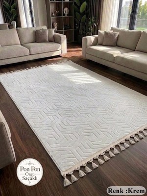 NarStore Home Dinarsu Armoni Düz Krem Kaymaz Tabanlı Kesme Kabartmalı Yıkanabilir Salon Koridor Hali