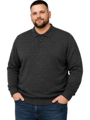 Battal Moda Erkek Büyük Beden Antrasit Düğmeli Polo Yaka Triko Kazak 3xl-4xl-5xl-6xl