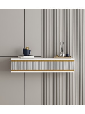 Morepp Karya 90 cm Duvara Monte 2 Kapaklı Raflı Makyaj Masası Dresuar Beyaz Altın