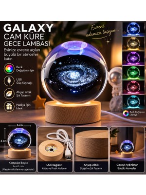 Mersi Shop Galaxy Cam Küre Gece Lambası Usb’li Renk Değiştiren Ahşap Altlıklı Dekoratif Masa Lambası 6 cm