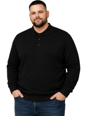 Battal Moda Erkek Büyük Beden Siyah Düğmeli Polo Yaka Triko Kazak 3xl-4xl-5xl-6xl