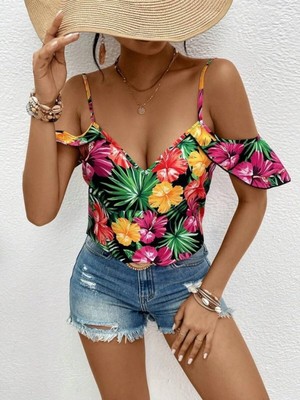 Pileli Store Kadın Askılı Omuzlardan Açık Çiçek Baskılı Bluz