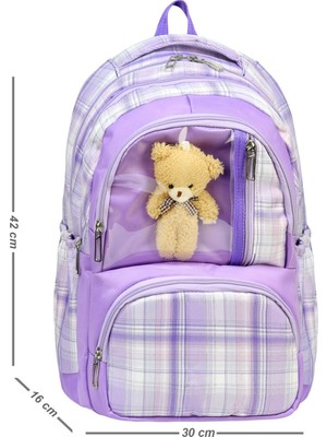 Miço Kids Ekose Desenli Şeffaf Ön Cepli Ayıcıklı Okul Sırt Çantası - Su Geçirmez Ilkokul Çantası 42 cm