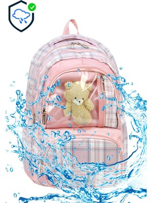 Miço Kids Ekose Desenli Şeffaf Ön Cepli Ayıcıklı Okul Sırt Çantası - Su Geçirmez Ilkokul Çantası 42 cm