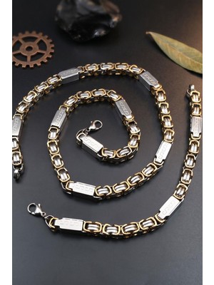 Prestige Paslanmaz Çelik Kral Model Erkek Kolye Zincir Ve Bileklik Set 8Mm Grek Desenli 902930